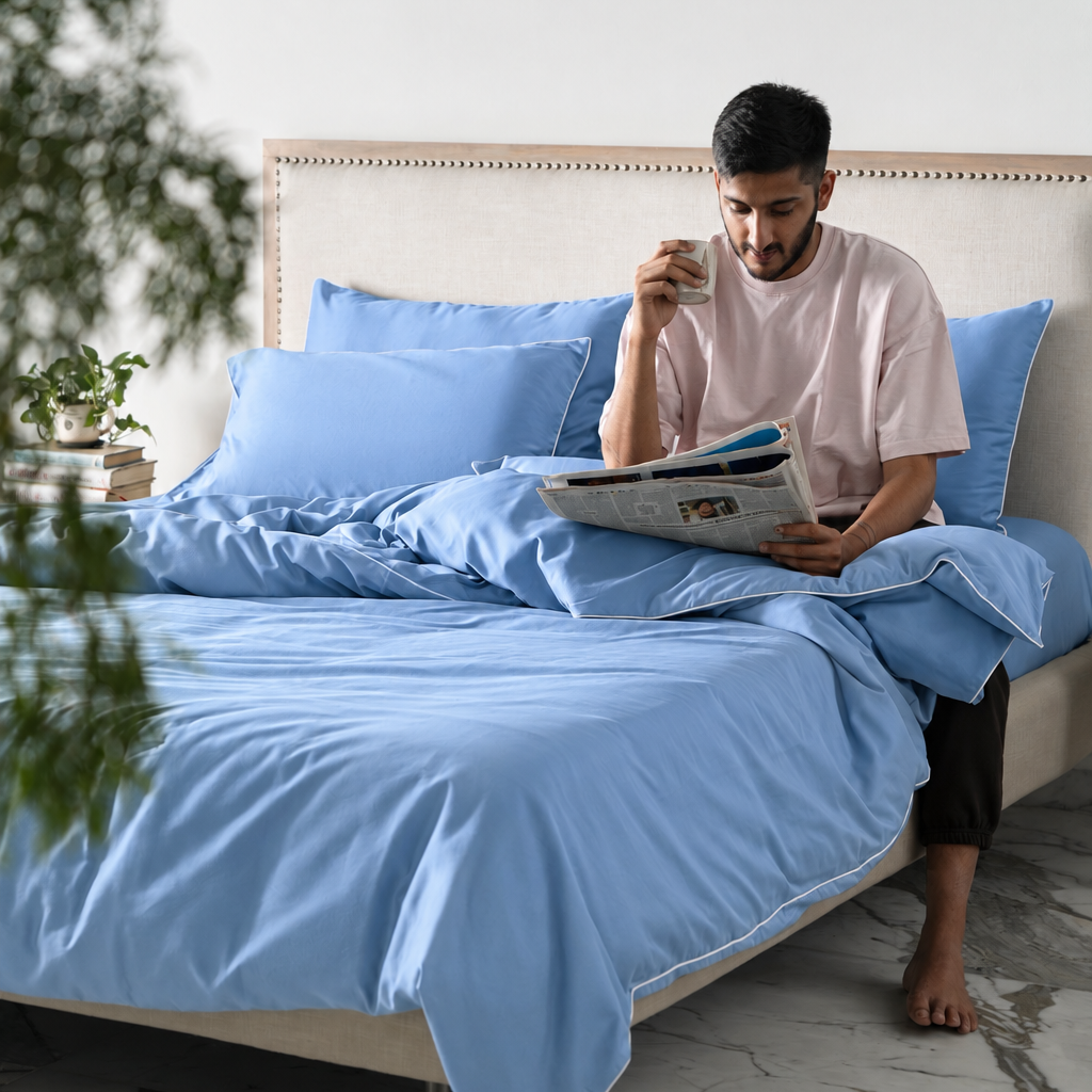 Piping Luxe Pillowcase Pair | 600 Thread Count | Extra Large | Azure